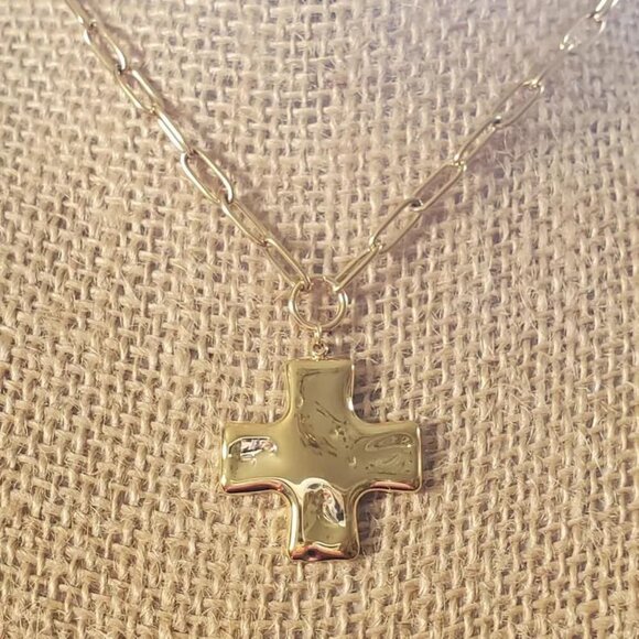 Chunky Cross Necklace Women Brass 18in Gold-Plated Geometric Pendant - Picture 7 of 7